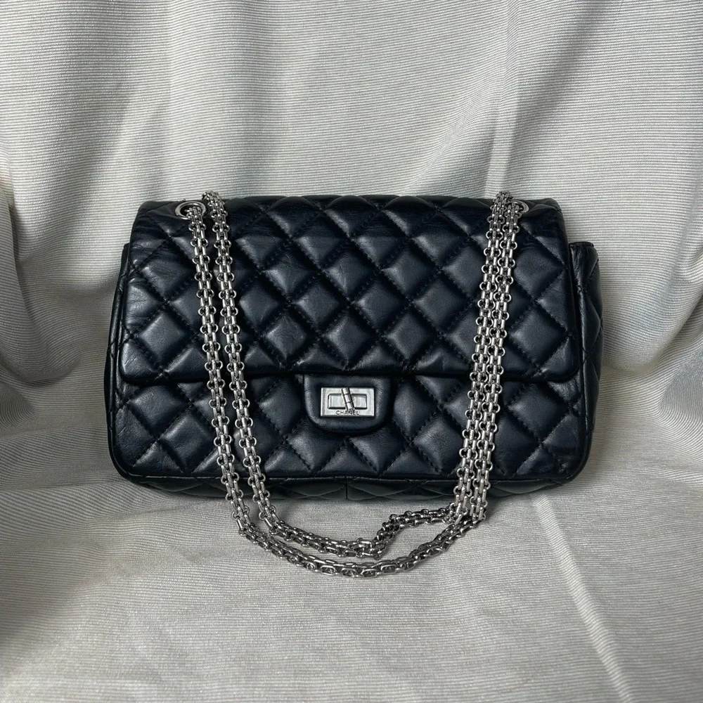 CHANEL Black Quilted Lambskin Double-flap 2.55 reissue color changed at Chanel